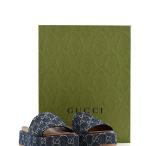 New Denim GG Monogram Angelina Platform 55mm Slide Sandals 38 Blue Tea